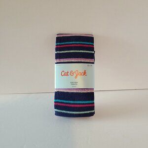 CAT & JACK GIRLS FOOTED COTTON BLEND BLUE/PINK COZY STRIPED TIGHTS SIZE 12-14